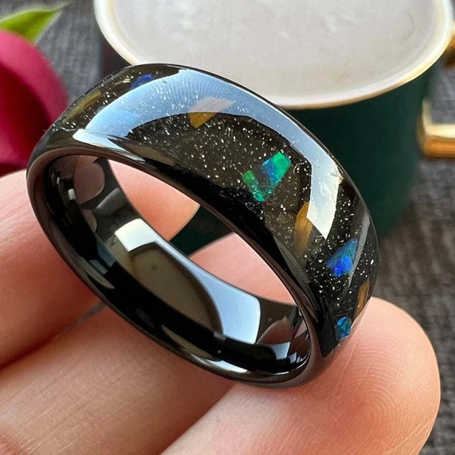 White Opal Ring, selling Purple Opal Ring, Purple Abalone Ring, White Abalone Ring, Black Tungsten Ring, Black Wedding Ring, 8mm Ring