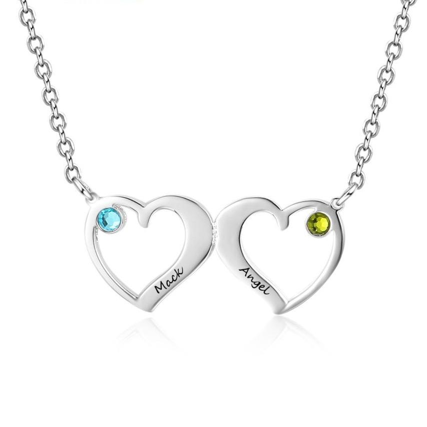 Double Heart Women's Necklace - 2 Birthstones + 2 Engravings