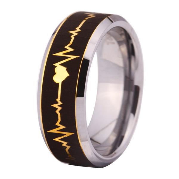 Heart Beat Tungsten Wedding Ring,Anniversary Ring,Black Tungsten Wedding Ring,Heartbeat Wedding Band,Unique Tungsten outlet Ring,Man & Woman,Dome