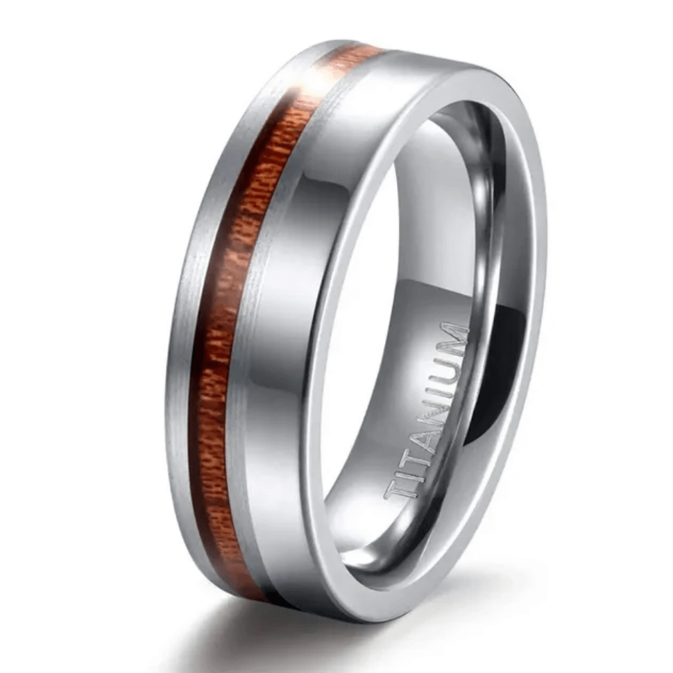 8mm Polished & Matte Nature Wood Inlay Silver Mens Ring