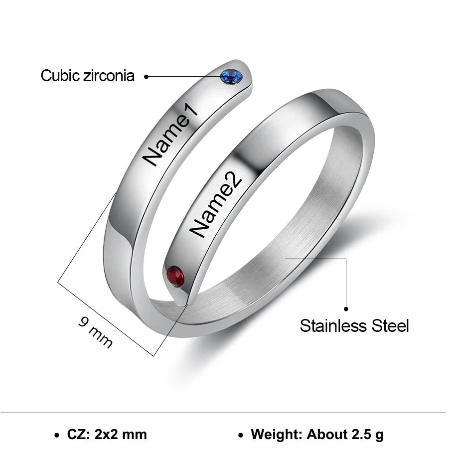 Personalized 2 Birthstones + 2 Names Stainless Steel Women's Ring