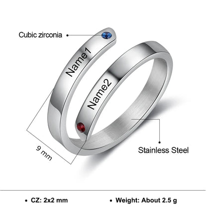 Personalized 2 Birthstones + 2 Names Stainless Steel Women's Ring