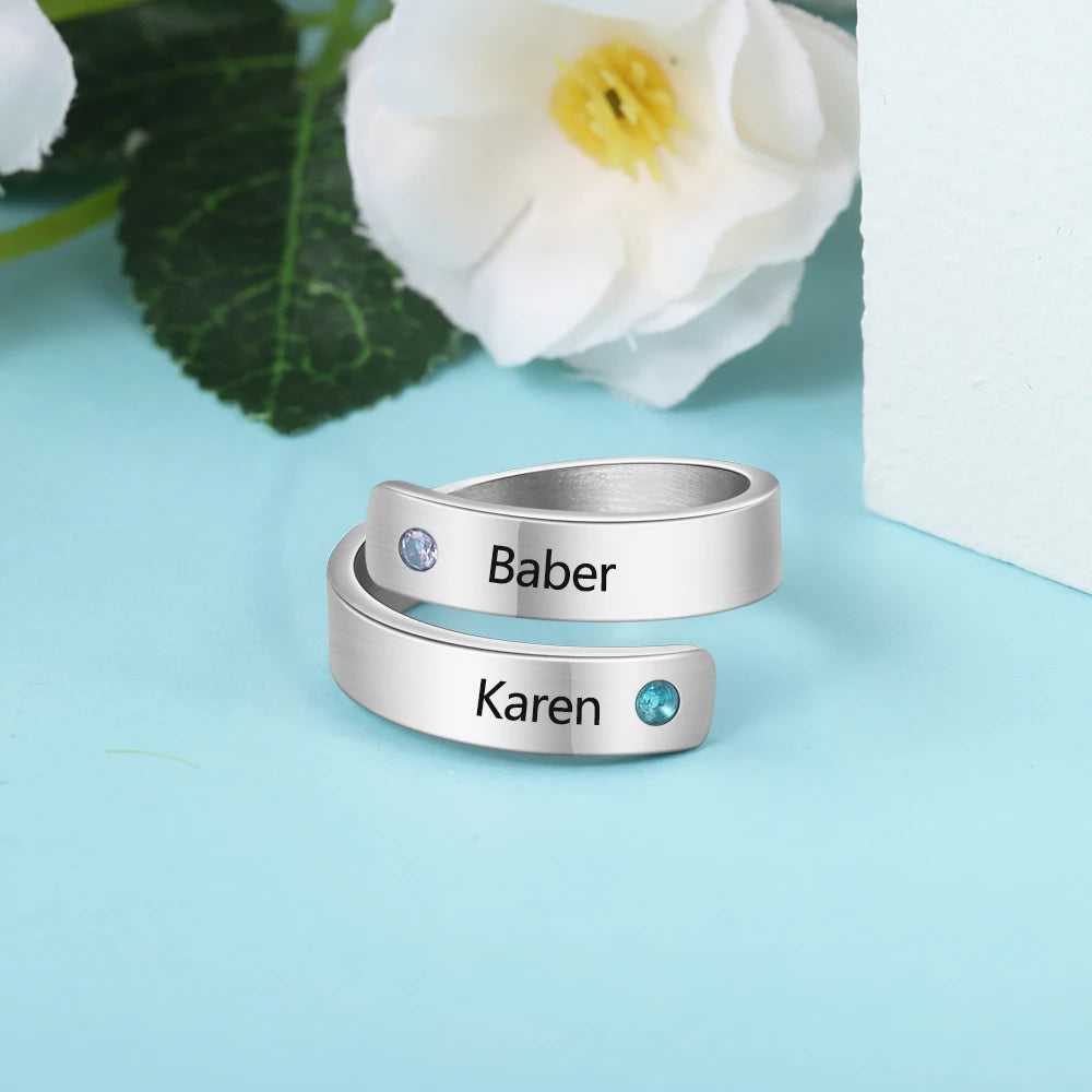 Personalized Custom Name & Birthstones Stainless Steel Womens Rings (3 Colors)