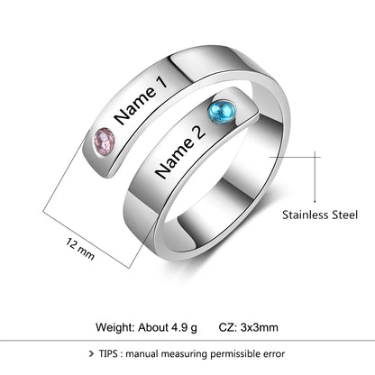 Personalized Custom Name & Birthstones Stainless Steel Womens Rings (3 Colors)