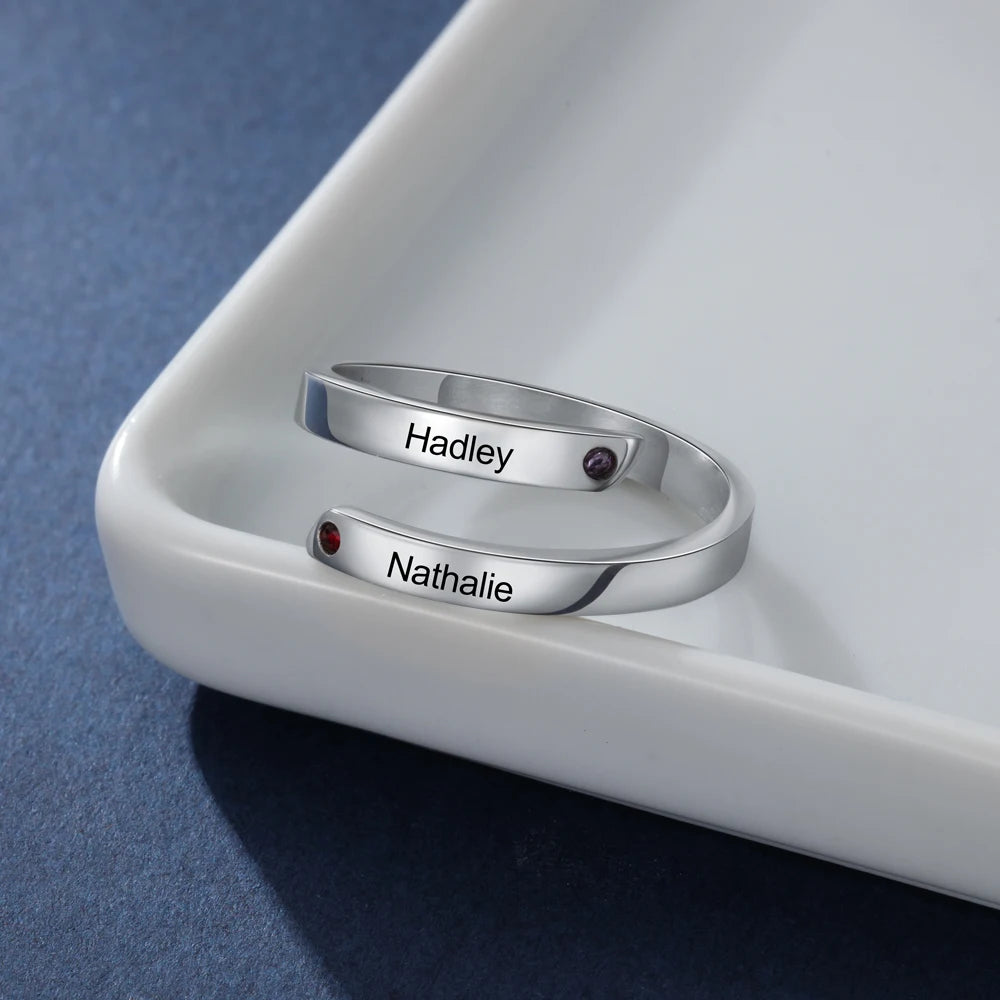 Personalized 2 Birthstones + 2 Names Stainless Steel Women's Ring