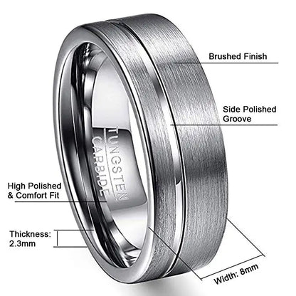 8mm Polished Grooved & Brushed Silver Tungsten Men's Ring