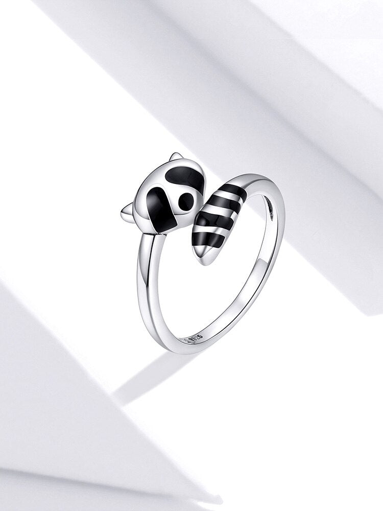 Cute Raccoon Animal 925 Sterling Silver & Black Enamel Women's Adjustable Ring