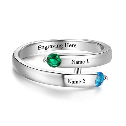 Personalized 2 Names & 2 Birthstone 925 Sterling Silver Womens Ring