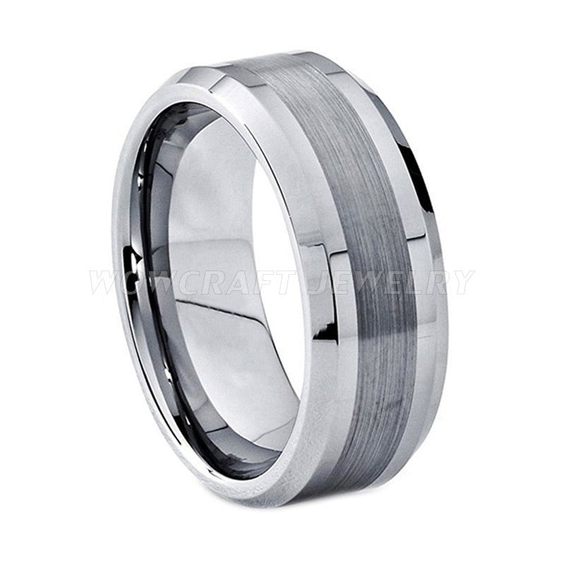 8mm Centre Brushed Polished Edges Silver Tungsten Men's Ring