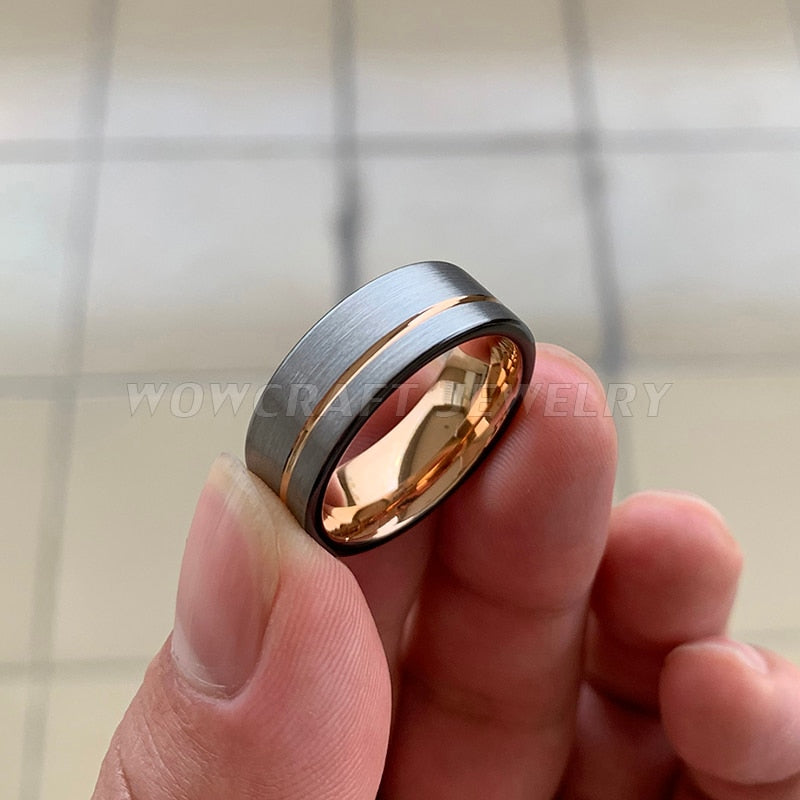 8mm Offset Rose Gold Groove, Silver Brushed & Black Edge Tungsten Men's Ring