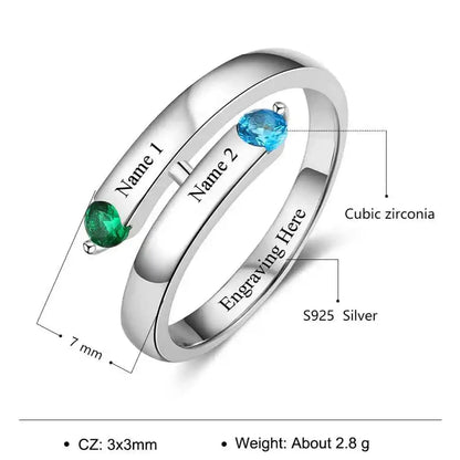 Personalized 2 Names & 2 Birthstone 925 Sterling Silver Womens Ring