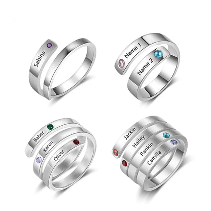 Personalized Custom Name & Birthstones Stainless Steel Womens Rings (3 Colors)