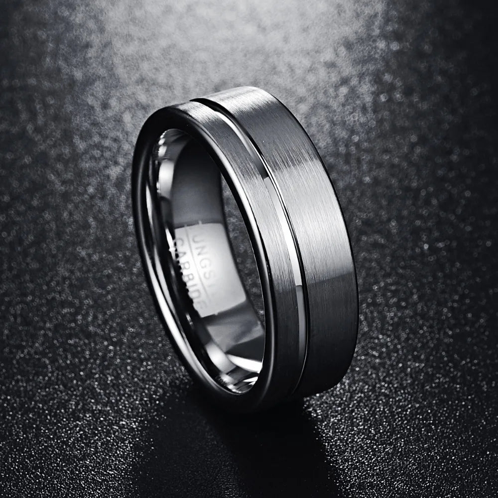 8mm Polished Grooved & Brushed Silver Tungsten Men's Ring