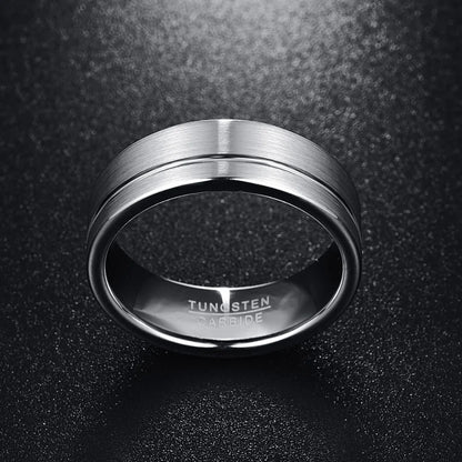 8mm Polished Grooved & Brushed Silver Tungsten Men's Ring