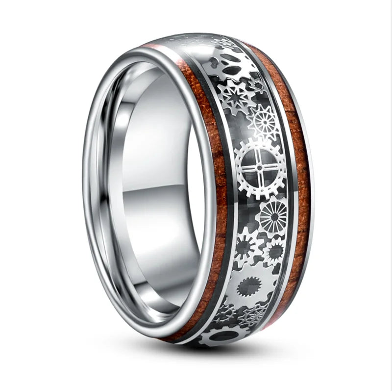 10mm Inlaid Wood Grain & Gear Pattern Tungsten Men's Ring