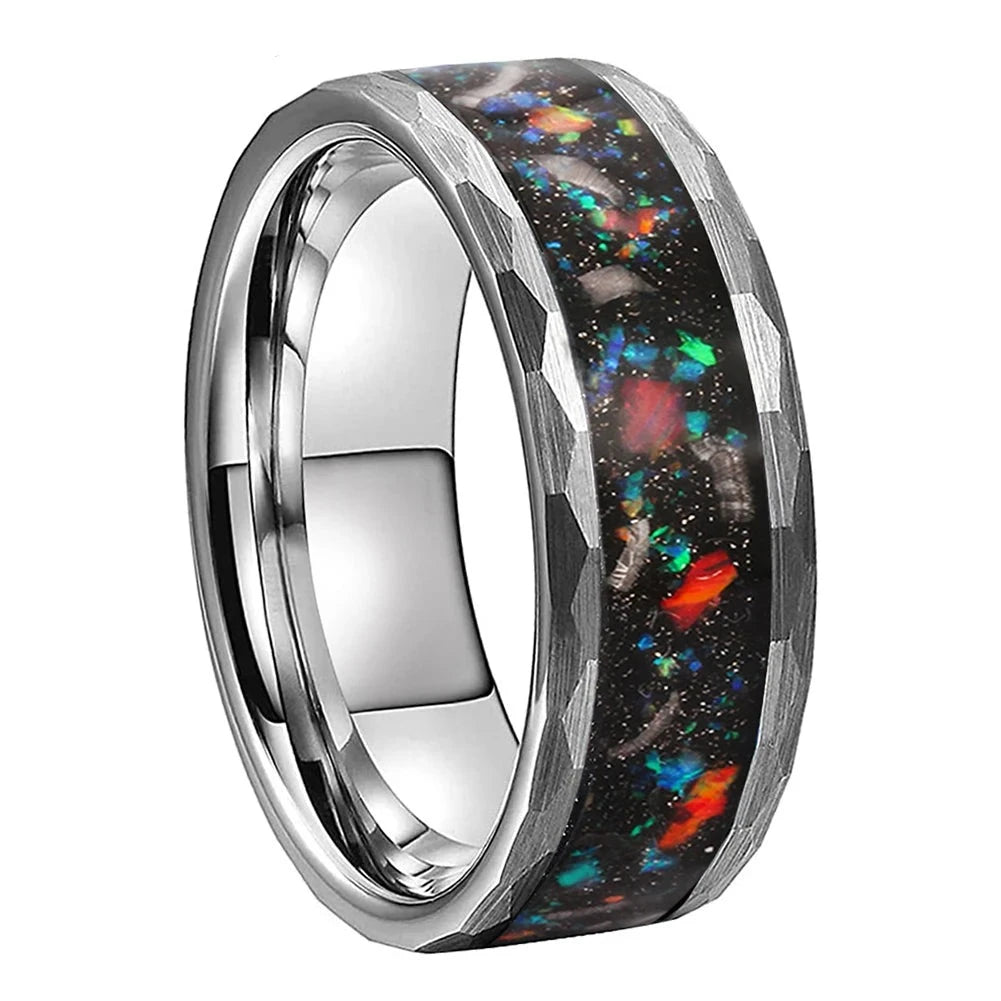 8mm Galaxy Opal Inlay Hammered Edges Silver Tungsten Men's Ring (2 Colors)