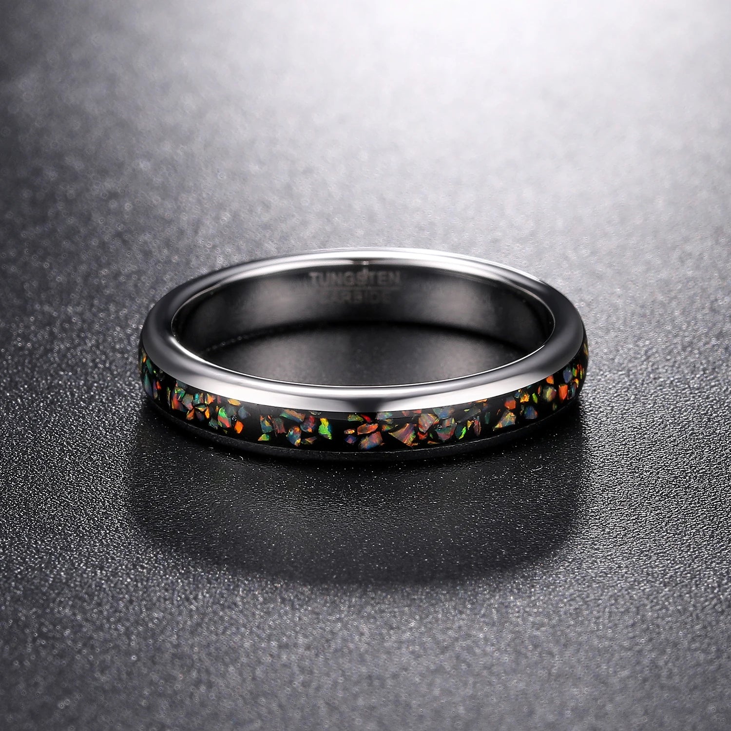 4mm Inlaid Imitation Opal Dome Silver Tungsten Unisex Ring