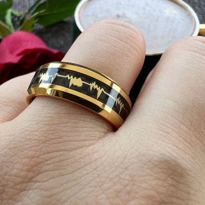 8mm Gold Heartbeat EKG Love Carbon Fibre Inlay Tungsten Unisex Ring (2 Colors)