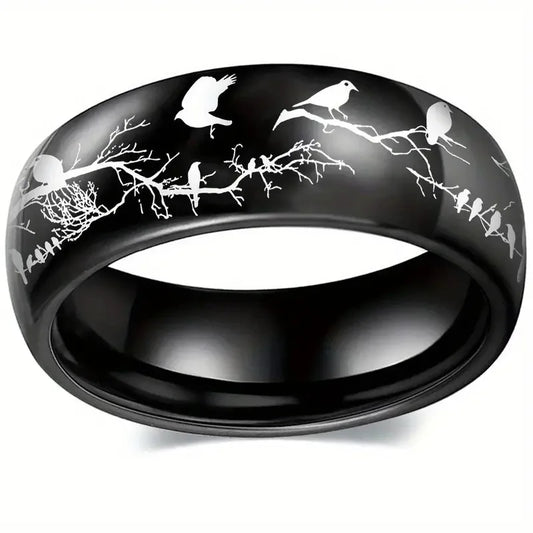 8mm Nature-Inspired Bird & Tree Branch Stainless Steel Unisex Ring  (2 Colors)