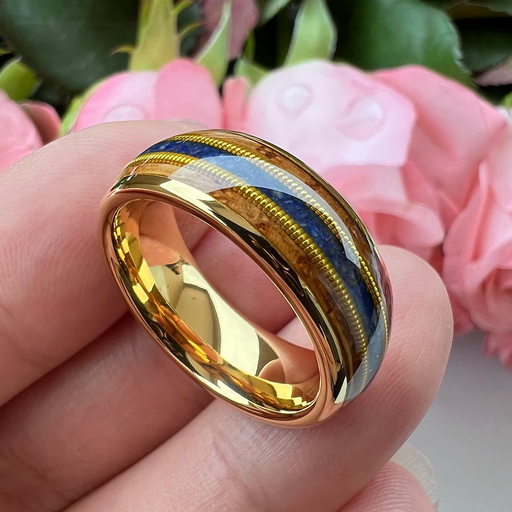 8mm Guitar String Lapis Lazuli Whisky Wood Tungsten Unisex Ring (3 Colors)