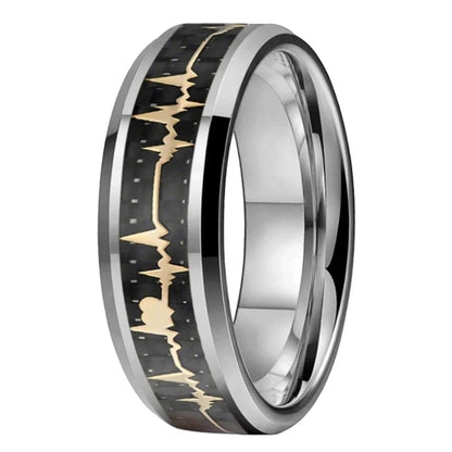 8mm Gold Heartbeat EKG Love Carbon Fibre Inlay Tungsten Unisex Ring (2 Colors)