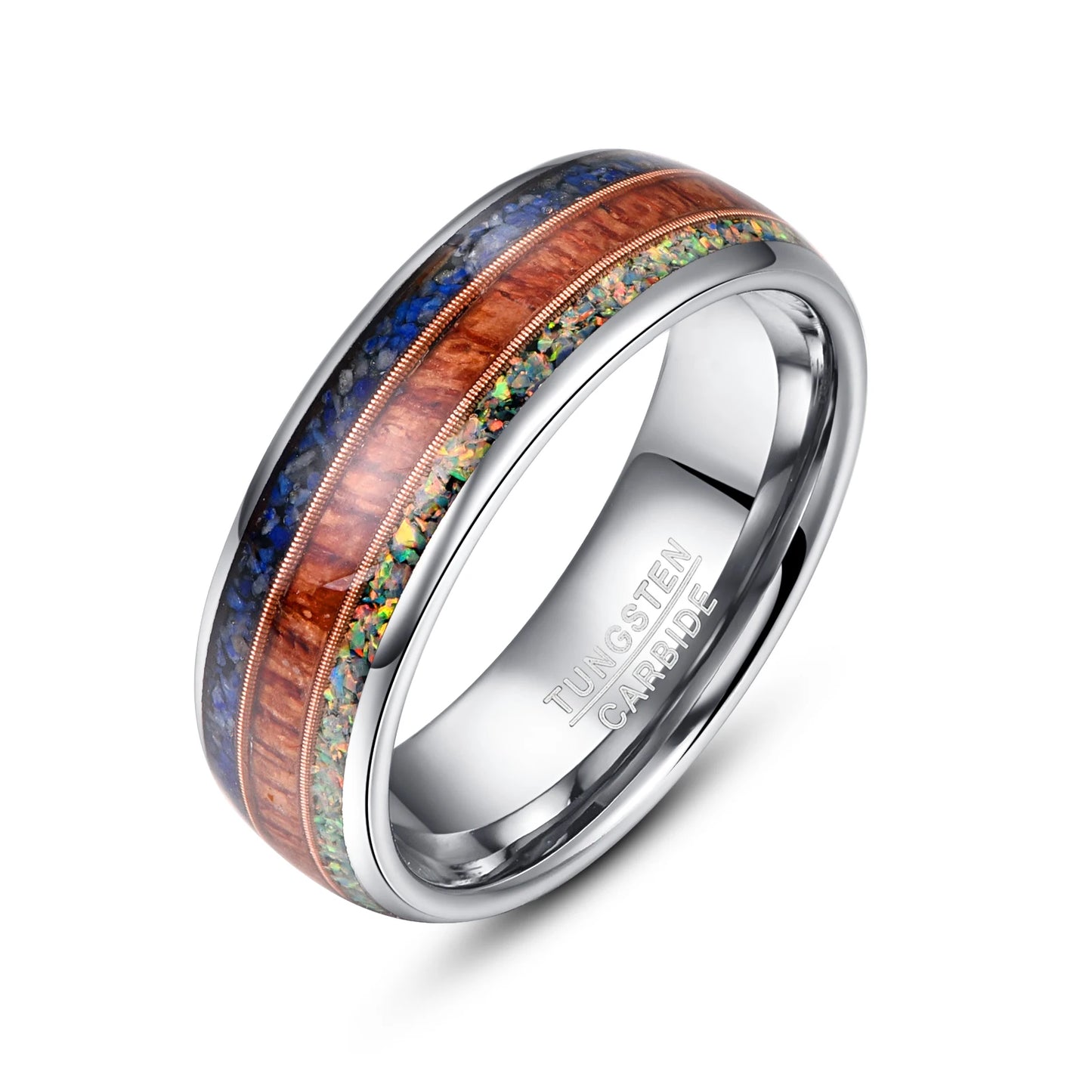 8mm Lapis Lazuli, Wood, Opal & Guitar String Silver Tungsten Men's Ring