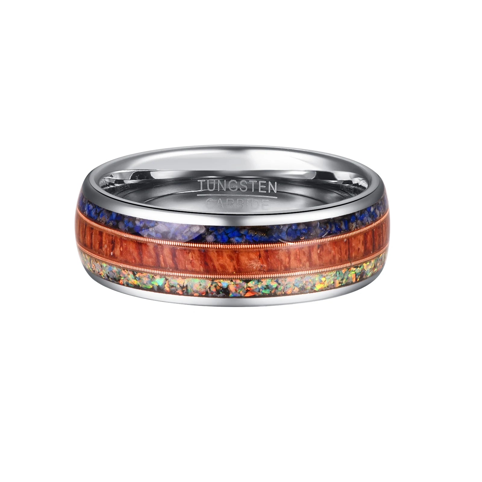 8mm Lapis Lazuli, Wood, Opal & Guitar String Silver Tungsten Men's Ring