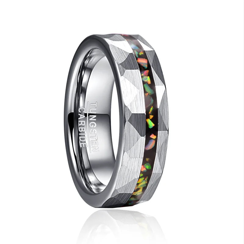 6mm Sand Inlaid with Opal Hammered Silver Tungsten Unisex Ring