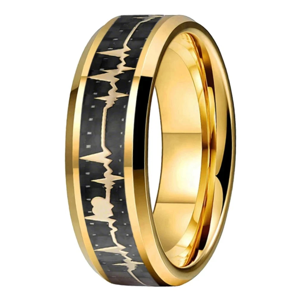 8mm Gold Heartbeat EKG Love Carbon Fibre Inlay Tungsten Unisex Ring (2 Colors)