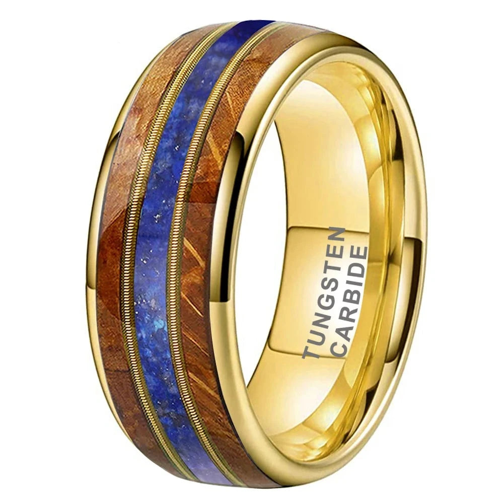 8mm Guitar String Lapis Lazuli Whisky Wood Tungsten Unisex Ring (3 Colors)