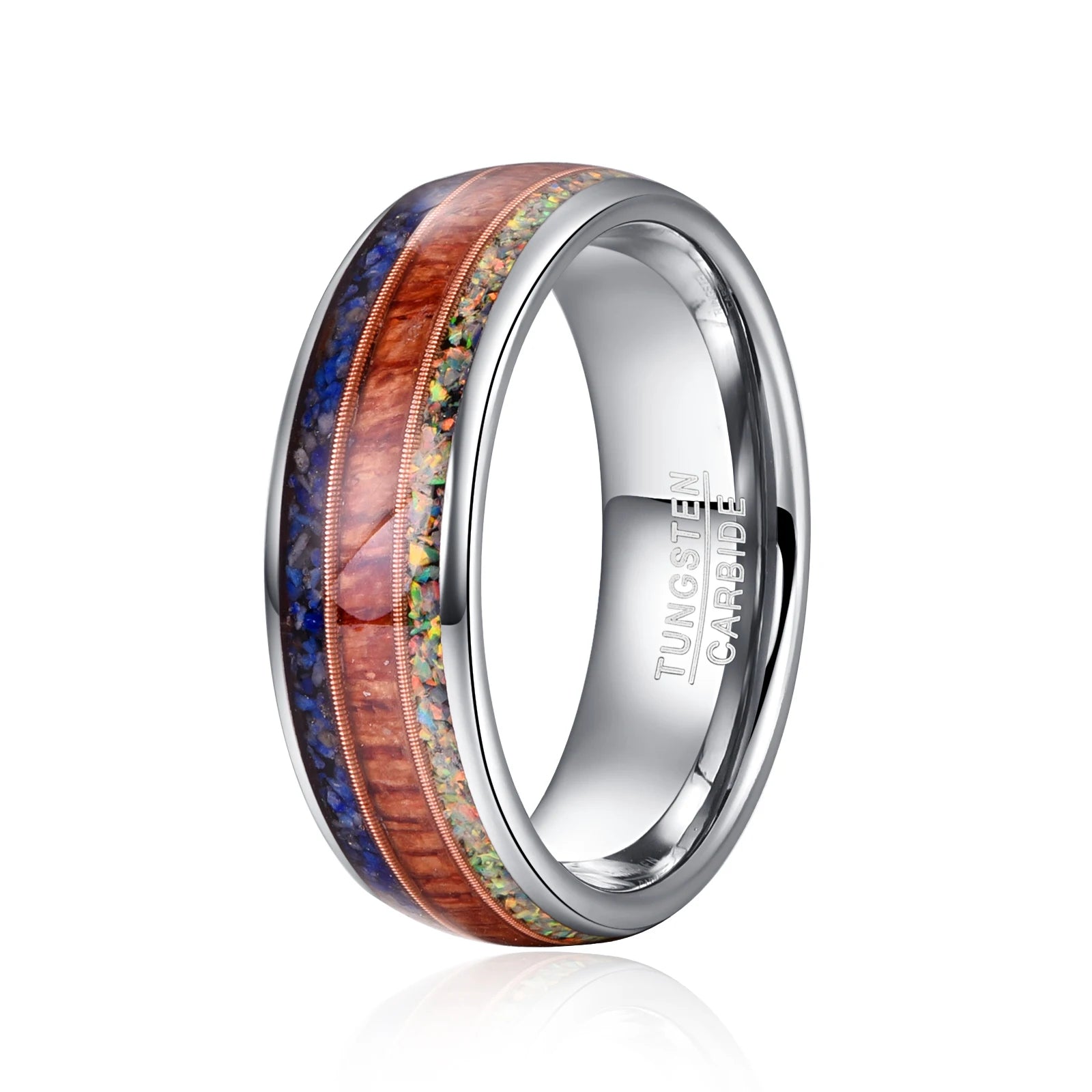 8mm Lapis Lazuli, Wood, Opal & Guitar String Silver Tungsten Men's Ring