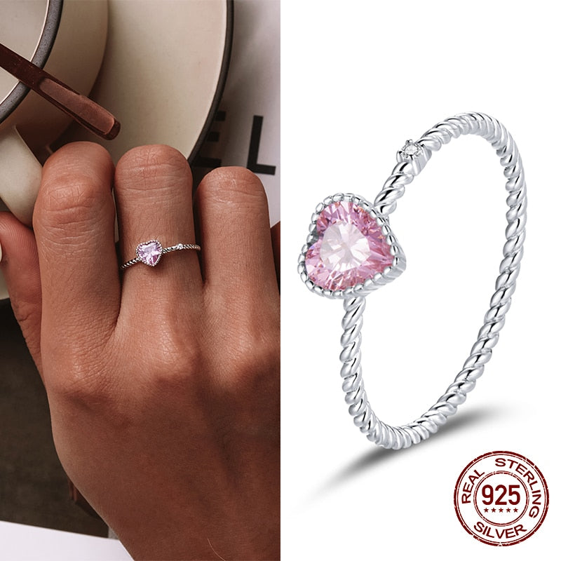 Delicate Pink Zircon Heart 925 Sterling Silver Women's Rings (3 Styles)