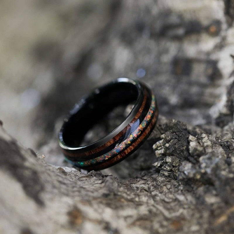 Hawaiian Koa & Opal Stripe Tungsten Ring | Men's Ring | Wedding Ring | online Comfort Fit | 8 mm