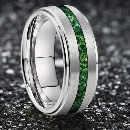 6mm, 8mm Green Moss Agate Inlay Silver Tungsten Unisex Ring