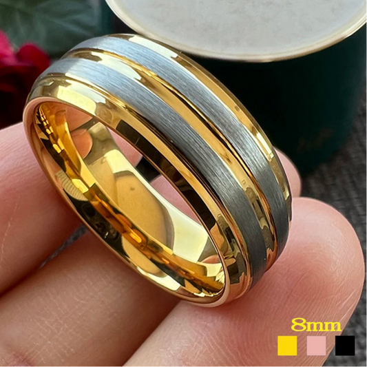 8mm Luxury Grooved Stepped Beveled Comfort Fit Tungsten Ring (3 Colors)