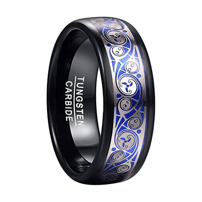 8mm Triple Spiral Pattern Blue Black Tungsten Men's Ring