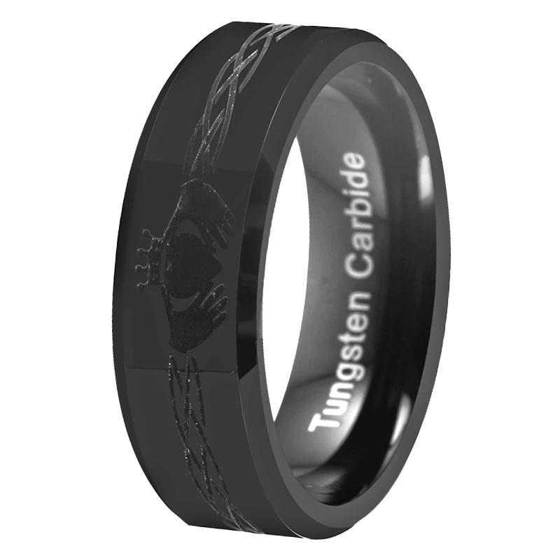 8mm Black Irish Claddagh Tungsten Mens Ring