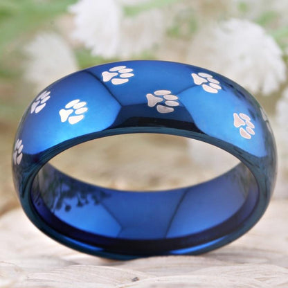 8mm Paw Prints Blue Tungsten Unisex Rings