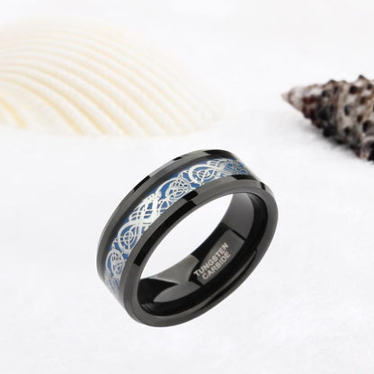 8mm Celtic Dragon Silver Blue Black Tungsten Unisex RIng