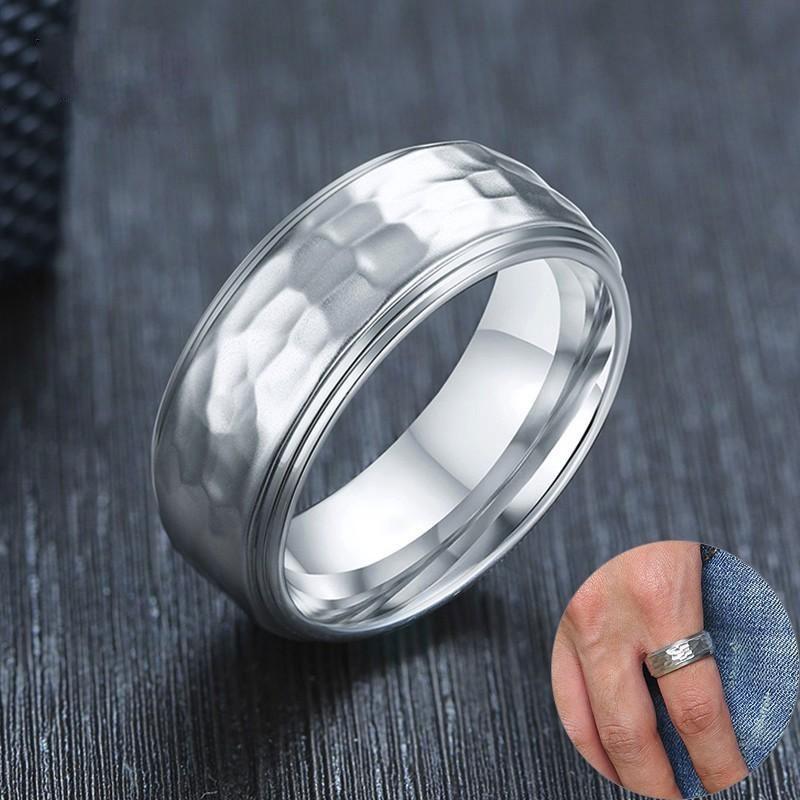 8mm Irregular Hammer Texture Stainless Steel Mens Ring