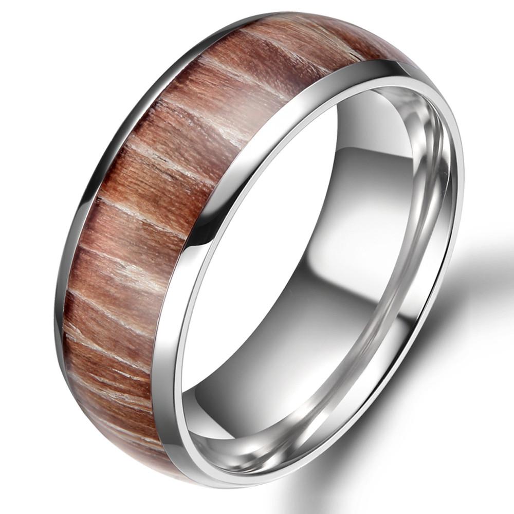 8mm Wood Inlay Design Dome Titanium Mens Ring