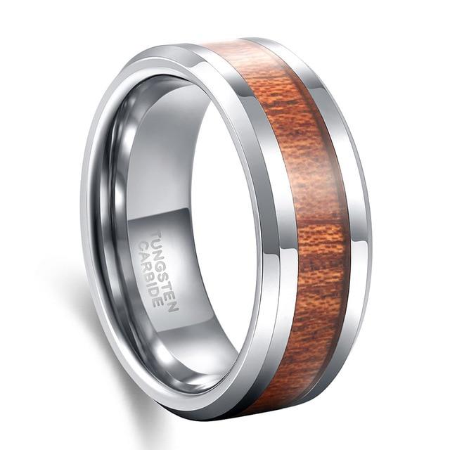 8mm Wood Inlay Tungsten Silver Mens Ring