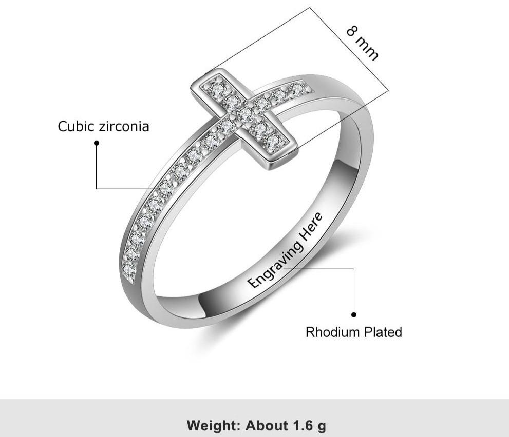 9mm Personalized Christian Cross Womens Ring - 1 Engraving