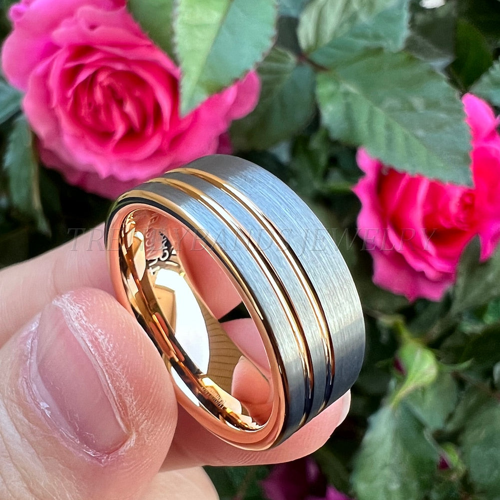 Mens wedding bands on sale silver and rose gold