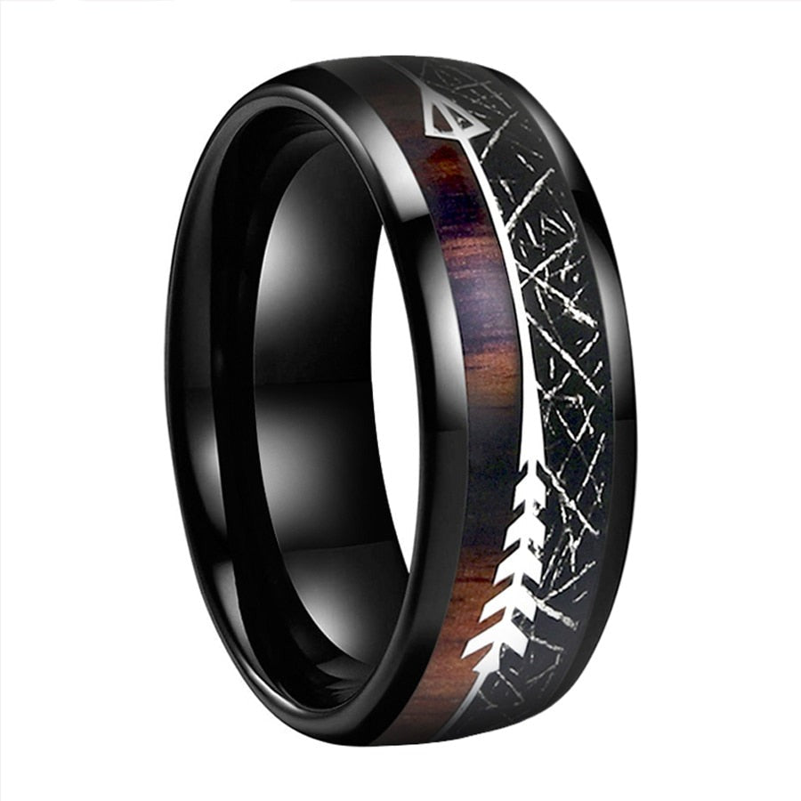 8mm Black Meteorite, Koa Wood & Arrow Inlay Black Tungsten Unisex Ring