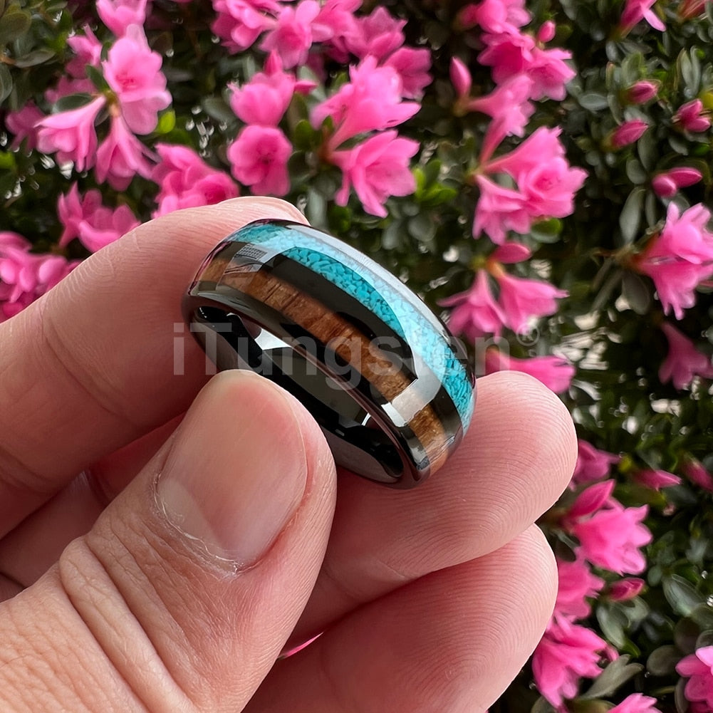 Men's Black Ceramic Wood Wedding Band Ring, Blue Turquoise & Hawaiian Koa Wood, Comfort Fit Custom Two Tone Rings - 6MM 2024 - 8MM