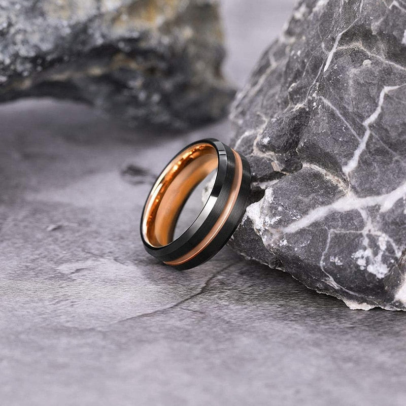 Mens Ring, Mens Wedding Band, Black Tungsten Ring, Black and Rose Gold Ring, 8mm Wedding Band, Faceted Ring , Black Rose-gold Tungsten on sale Ring