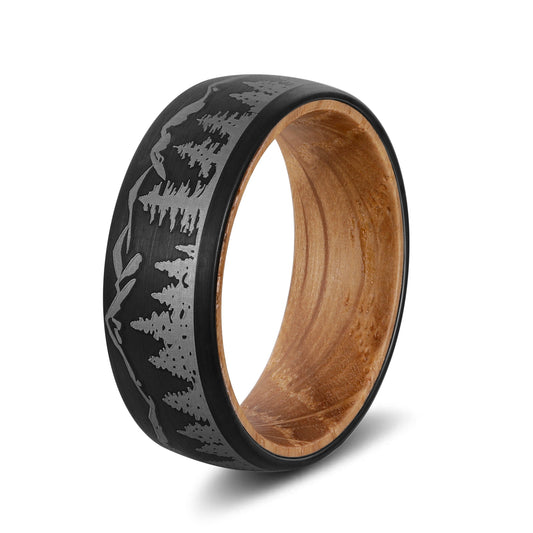 8mm Mountain Peaks & Forest Whisky Barrel Wood Black Tungsten Unisex Ring
