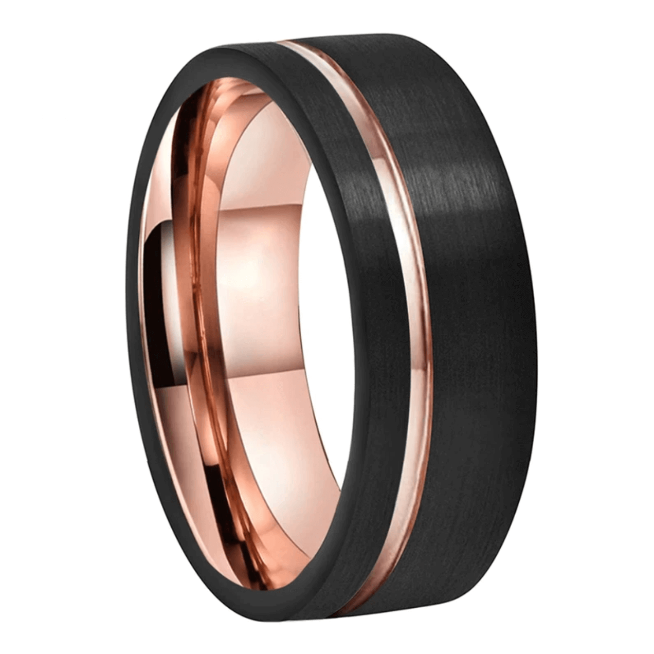 8mm Off-Centre Rose Gold Inlay Black Tungsten Mens Ring