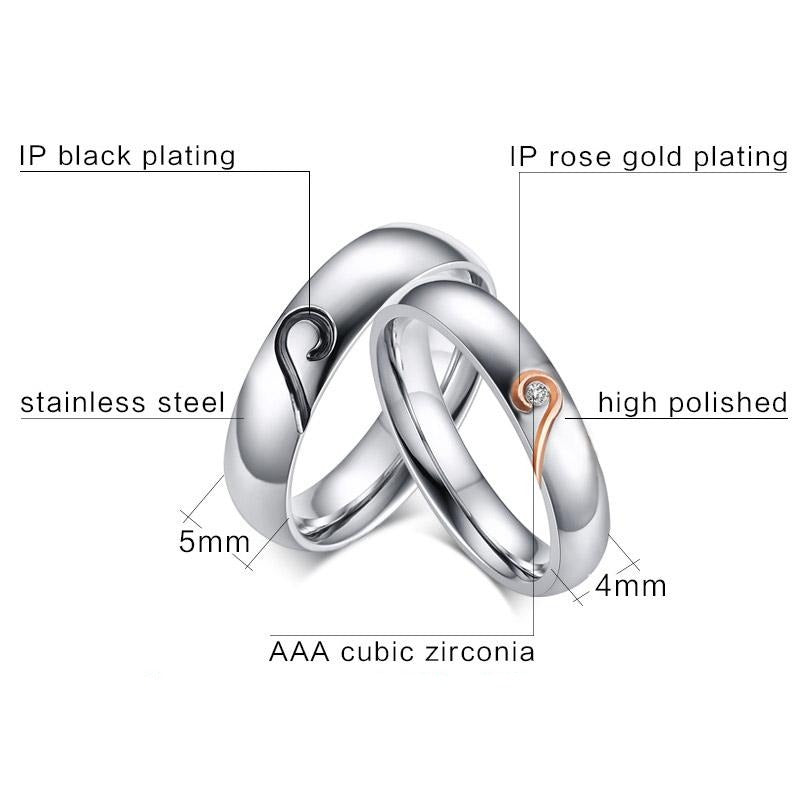 black and rose gold joining heart stainless steel couples rings promise rings 803595